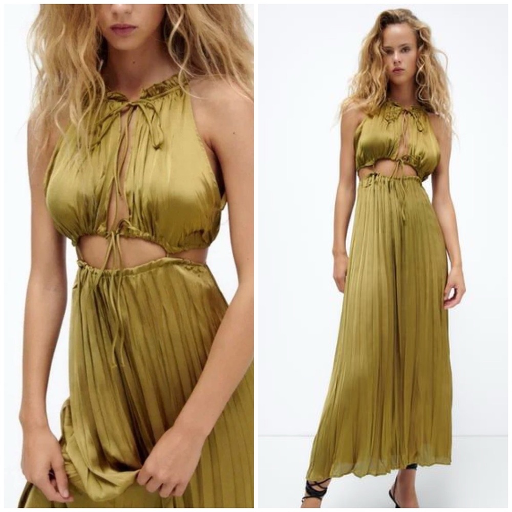 ZARA ~ SATIN DRESS WITH CUT-OUT DETAIL OLIVE GREEN
